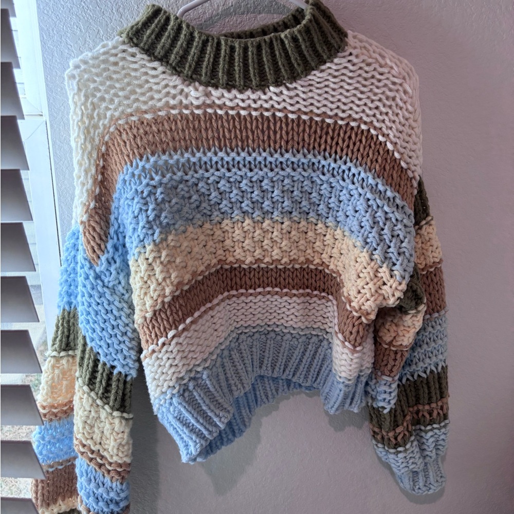 BiBi Cozy Striped Cowl Sweater in Blue, Cream, and Brown